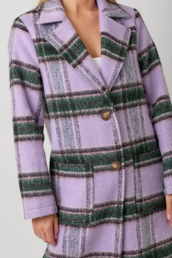 Fuzzy Plaid Long Coat Lavender Mix-Coat-Mystree-S-Lavender Mix-Urbanheer