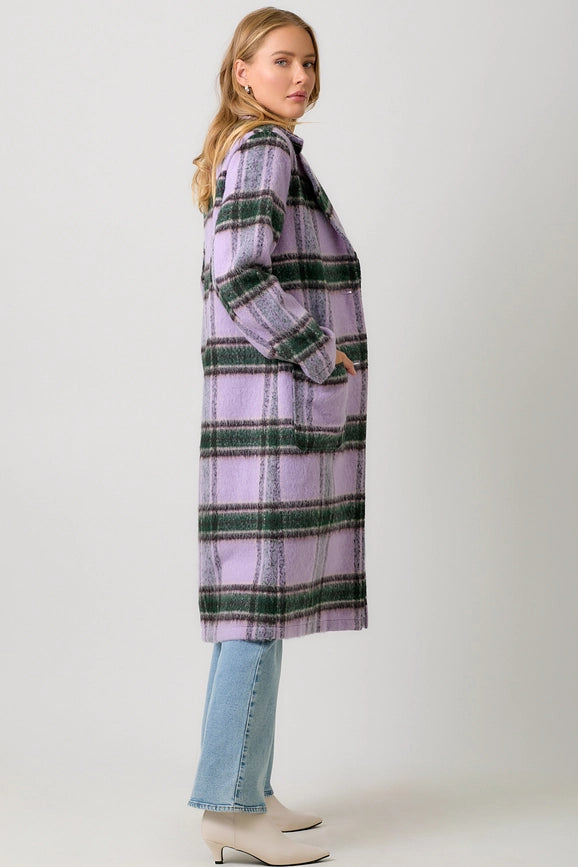 Fuzzy Plaid Long Coat Lavender Mix-Coat-Mystree-S-Lavender Mix-Urbanheer
