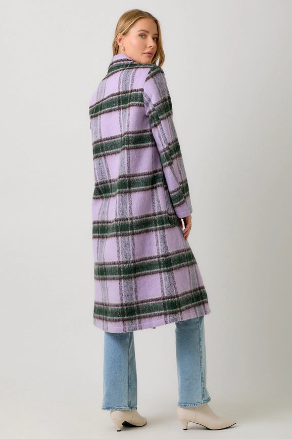 Fuzzy Plaid Long Coat Lavender Mix-Coat-Mystree-S-Lavender Mix-Urbanheer