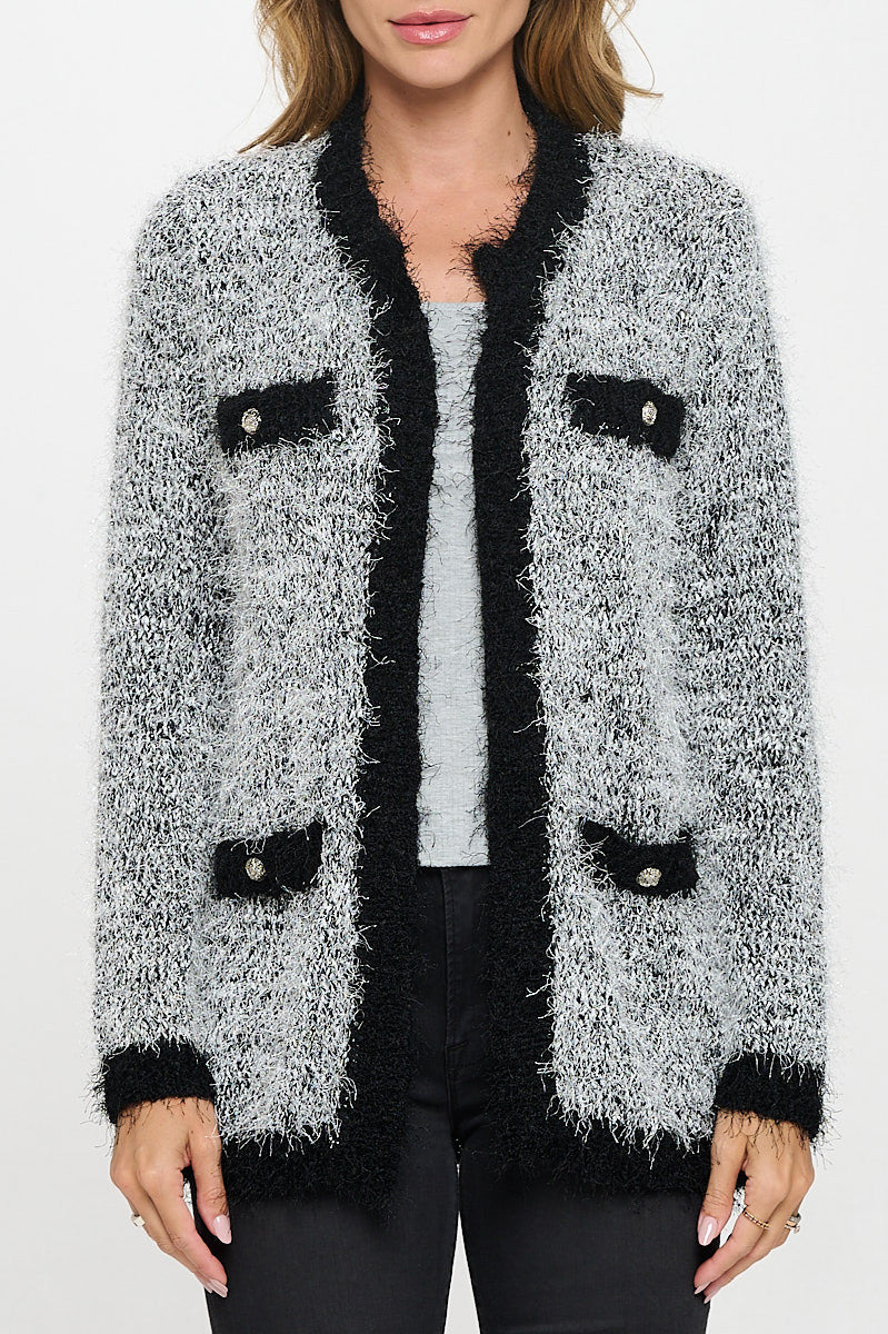 Fuzzy Textured Long Sleeve Open Front Cardigan with Button Detail-Cardigans-Reneecollection-Small-BLACK/SILVER-Urbanheer