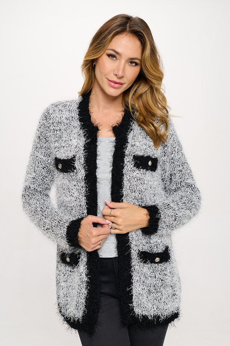 Fuzzy Textured Long Sleeve Open Front Cardigan with Button Detail-Cardigans-Reneecollection-Small-BLACK/SILVER-Urbanheer