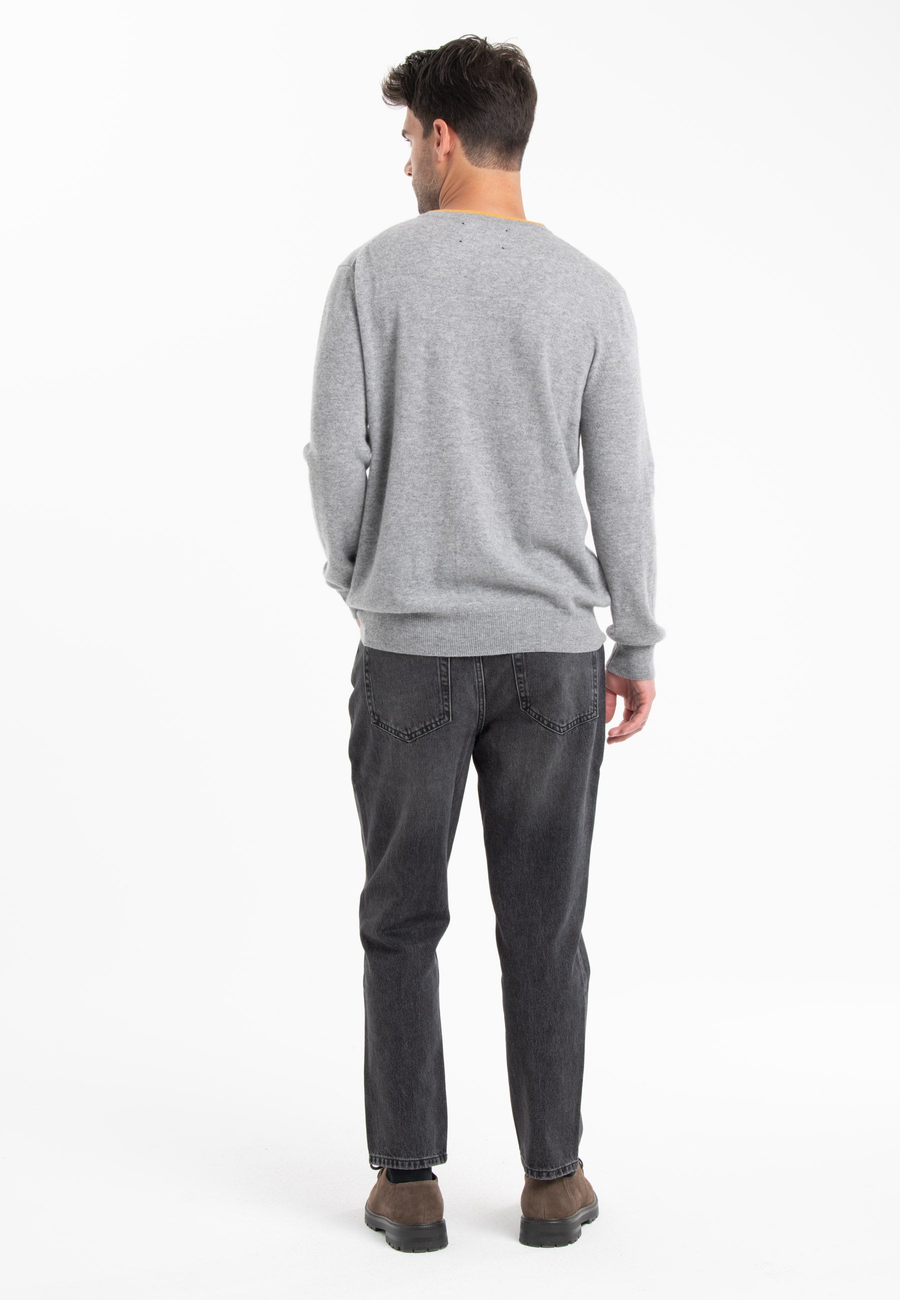 GABI 5 Pull double col rond bicolore en cachemire gris/jaune-col rond homme-Studio Cashmere8-L-SC8-00836-gris clair/jaune moutarde-Urbanheer