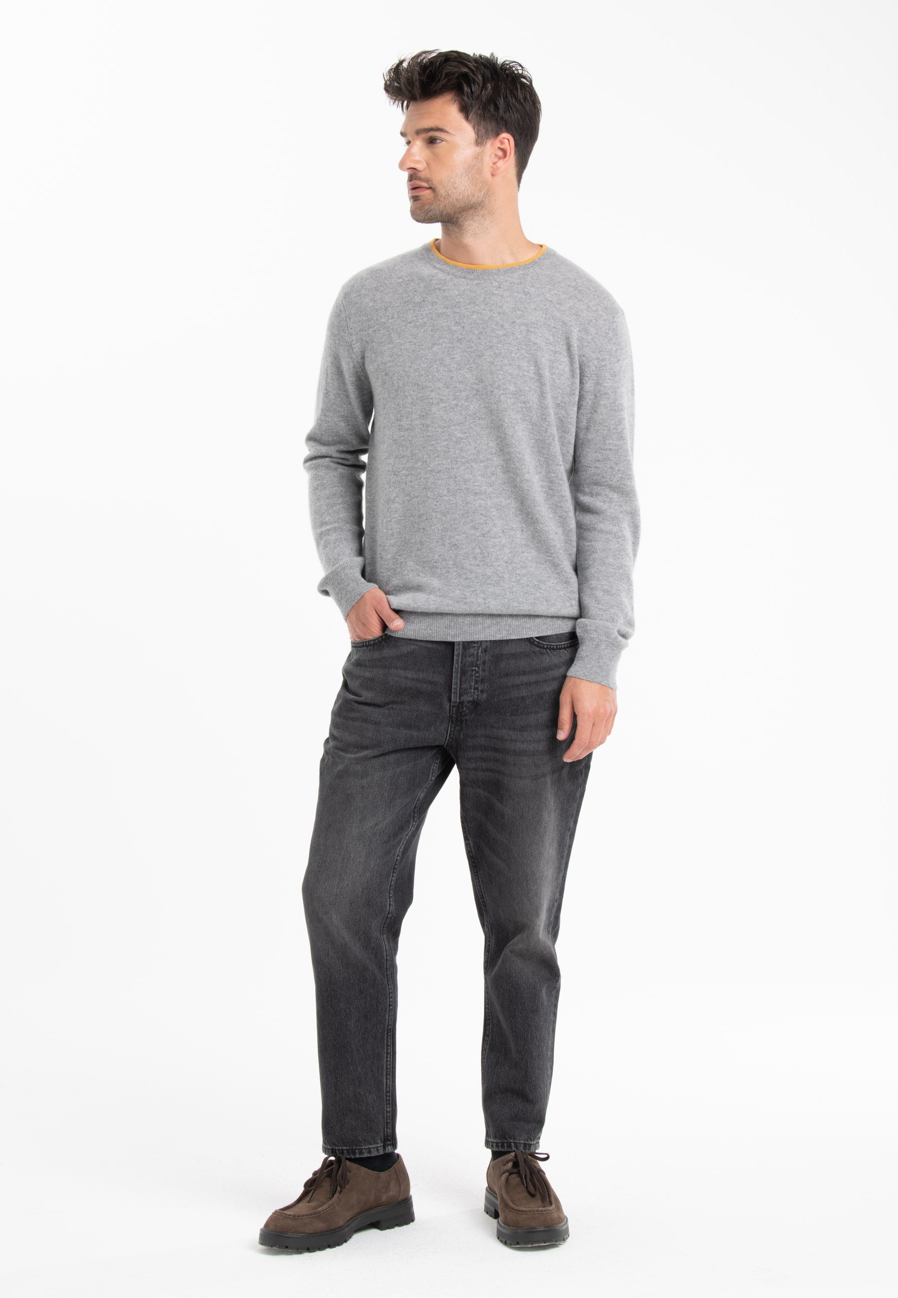 GABI 5 Pull double col rond bicolore en cachemire gris/jaune-col rond homme-Studio Cashmere8-L-SC8-00836-gris clair/jaune moutarde-Urbanheer