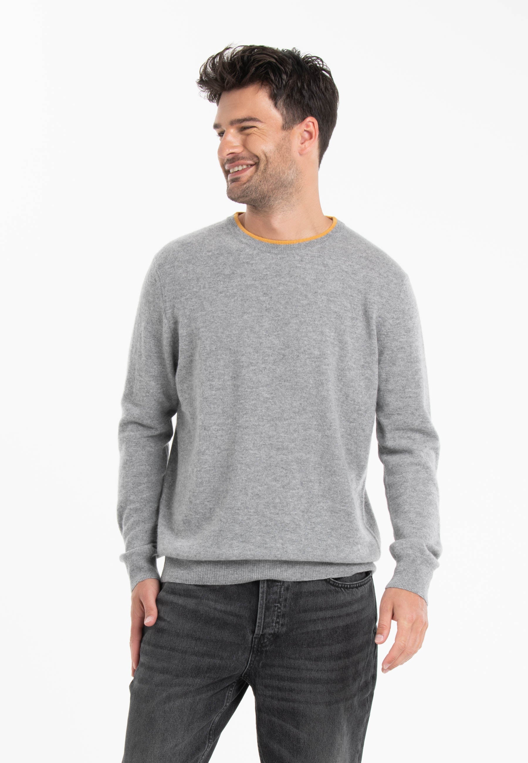 GABI 5 Pull double col rond bicolore en cachemire gris/jaune-col rond homme-Studio Cashmere8-L-SC8-00836-gris clair/jaune moutarde-Urbanheer