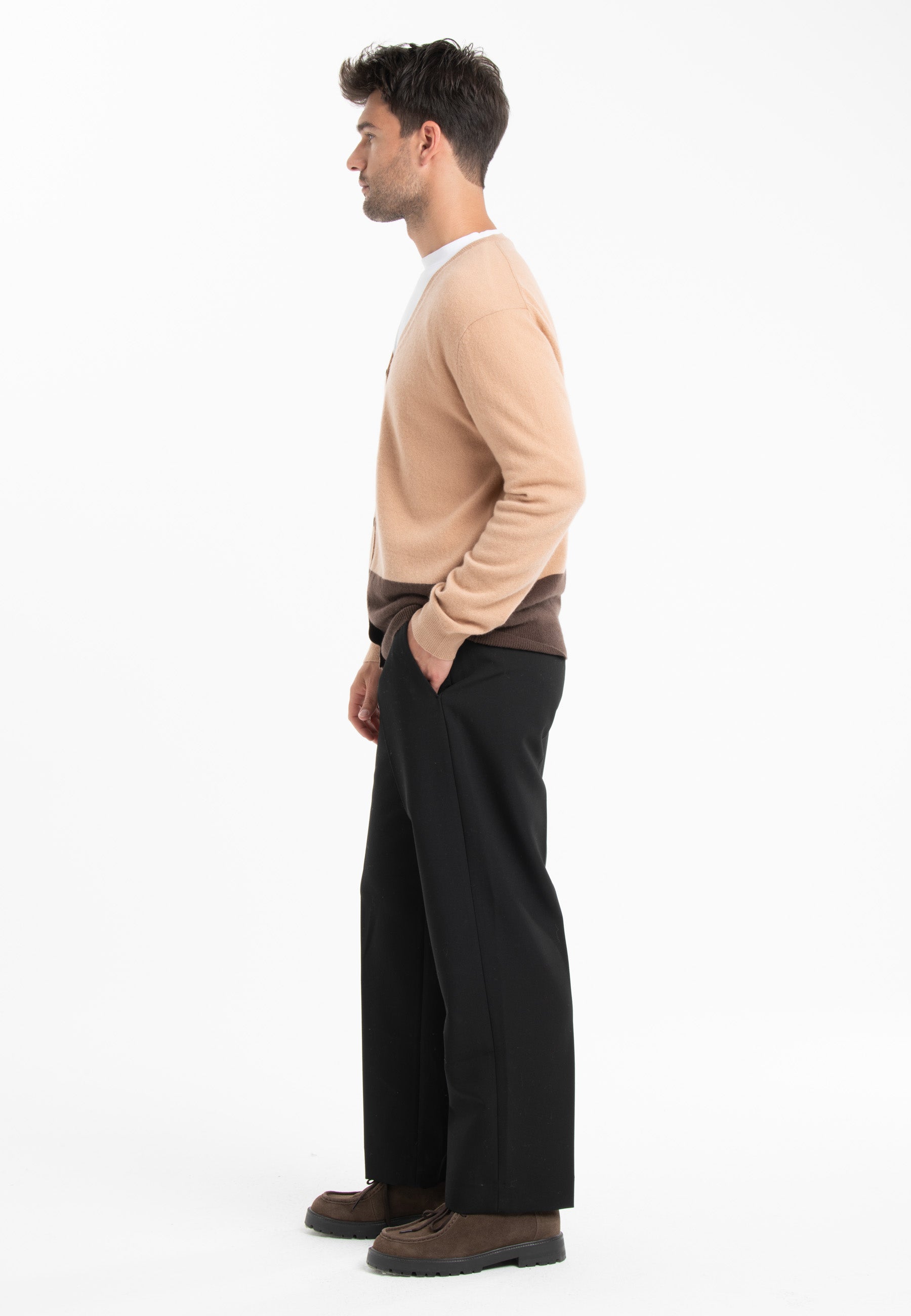 GABI 6 Cardigan col V bicolore en cachemire marron/camel-cardigan homme-Studio Cashmere8-L-SC8-00838-marron/camel clair-Urbanheer