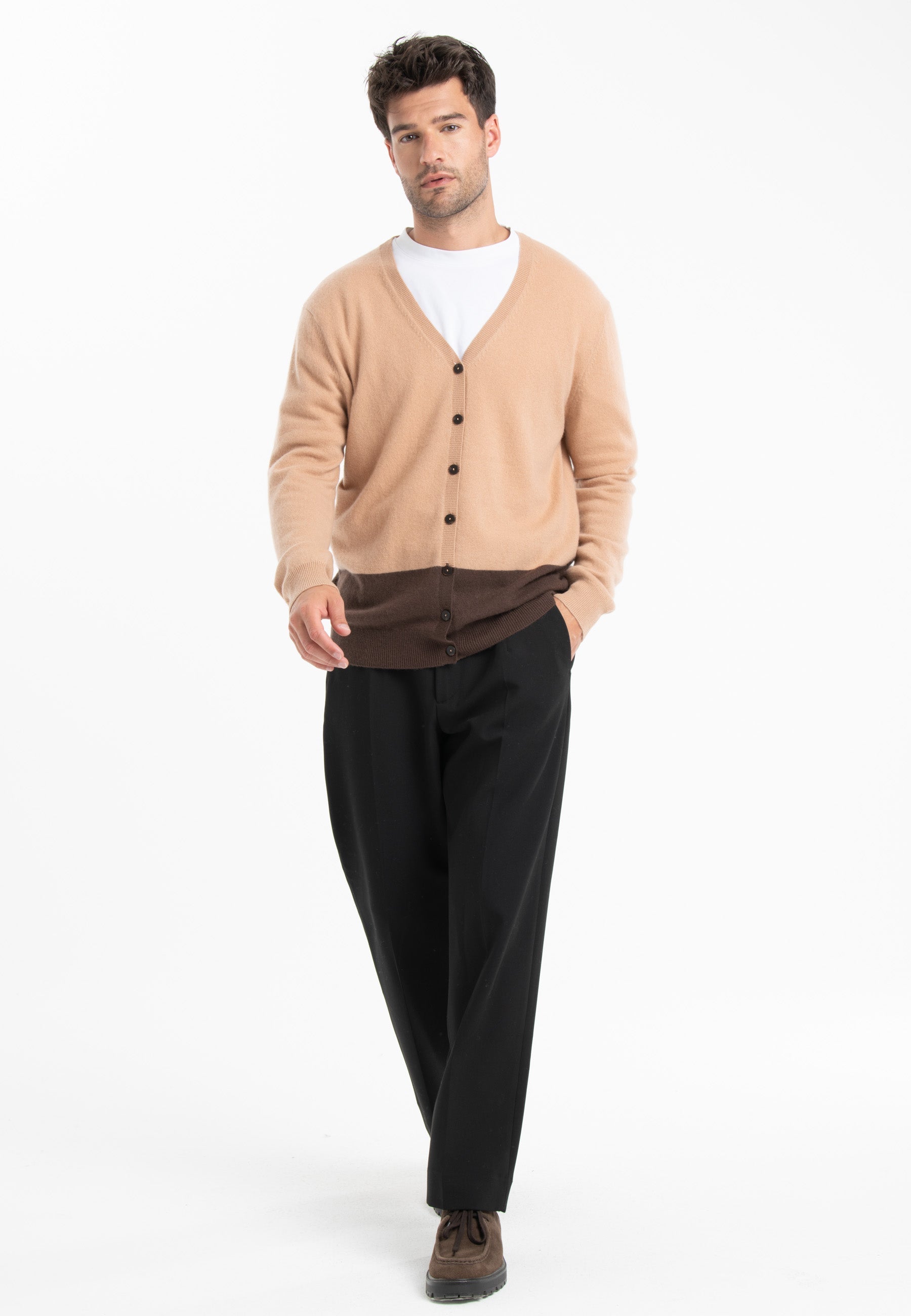 GABI 6 Cardigan col V bicolore en cachemire marron/camel-cardigan homme-Studio Cashmere8-L-SC8-00838-marron/camel clair-Urbanheer