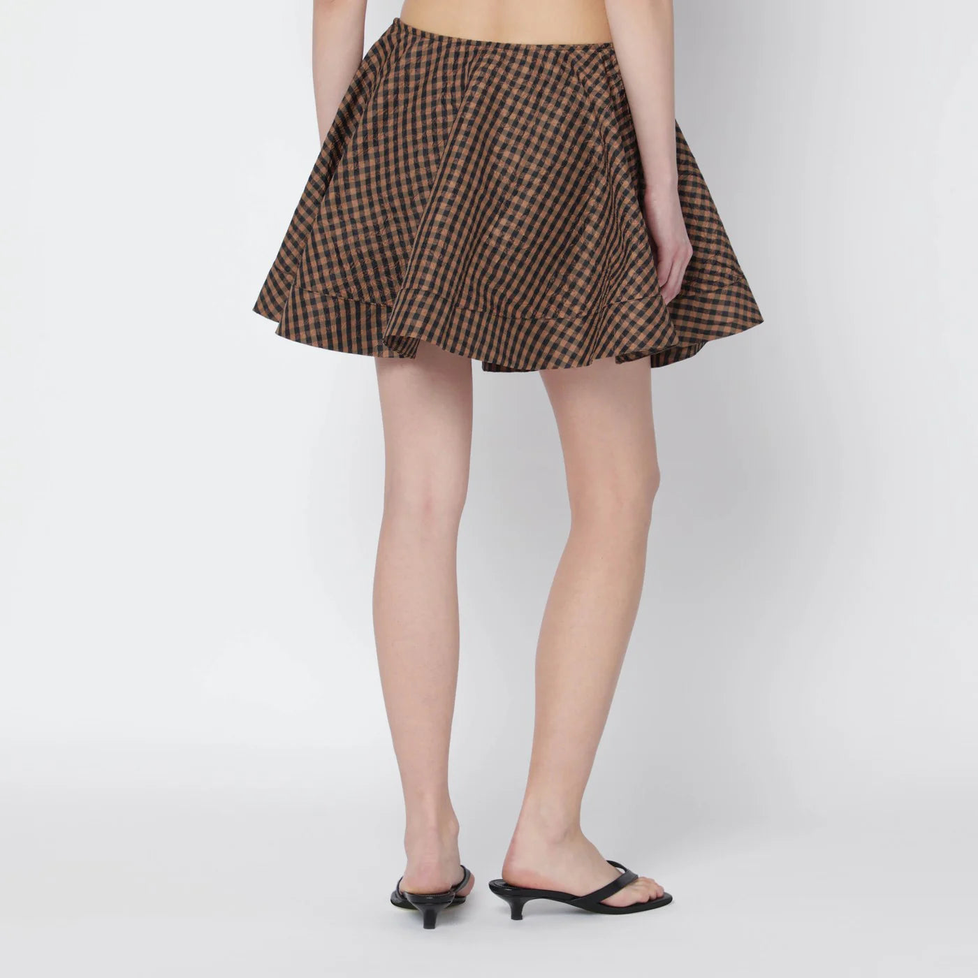 GANNI Brown/black gingham flared mini skirt