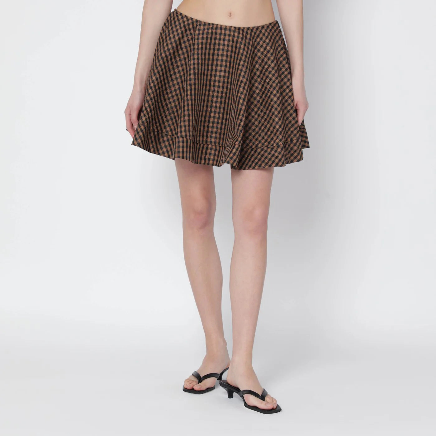 GANNI Brown/black gingham flared mini skirt
