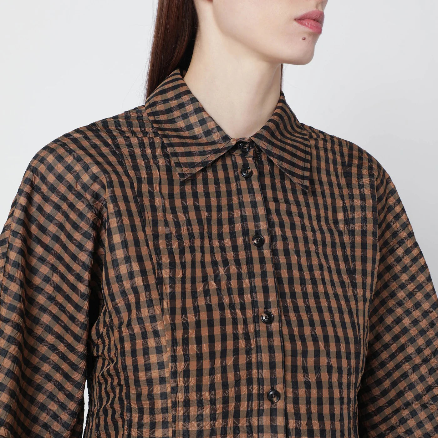 GANNI Brown/black gingham peplum shirt