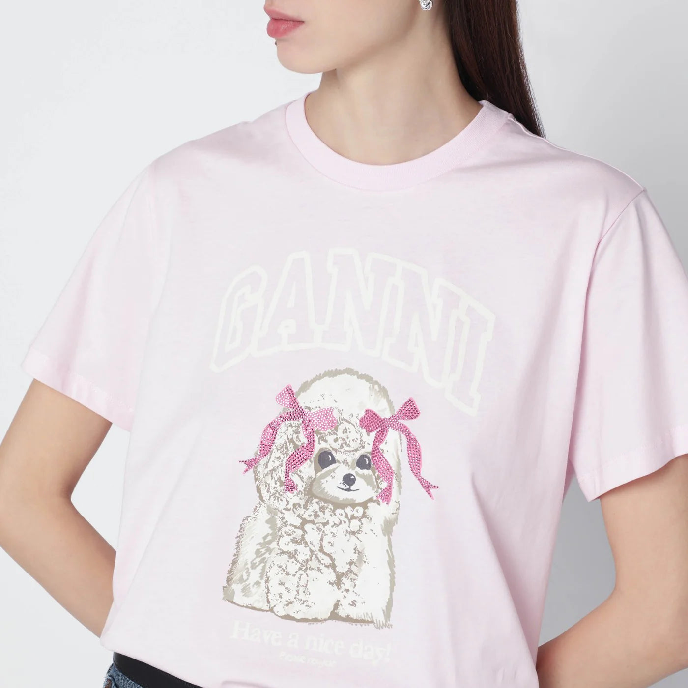 GANNI Light pink T-shirt with logo print