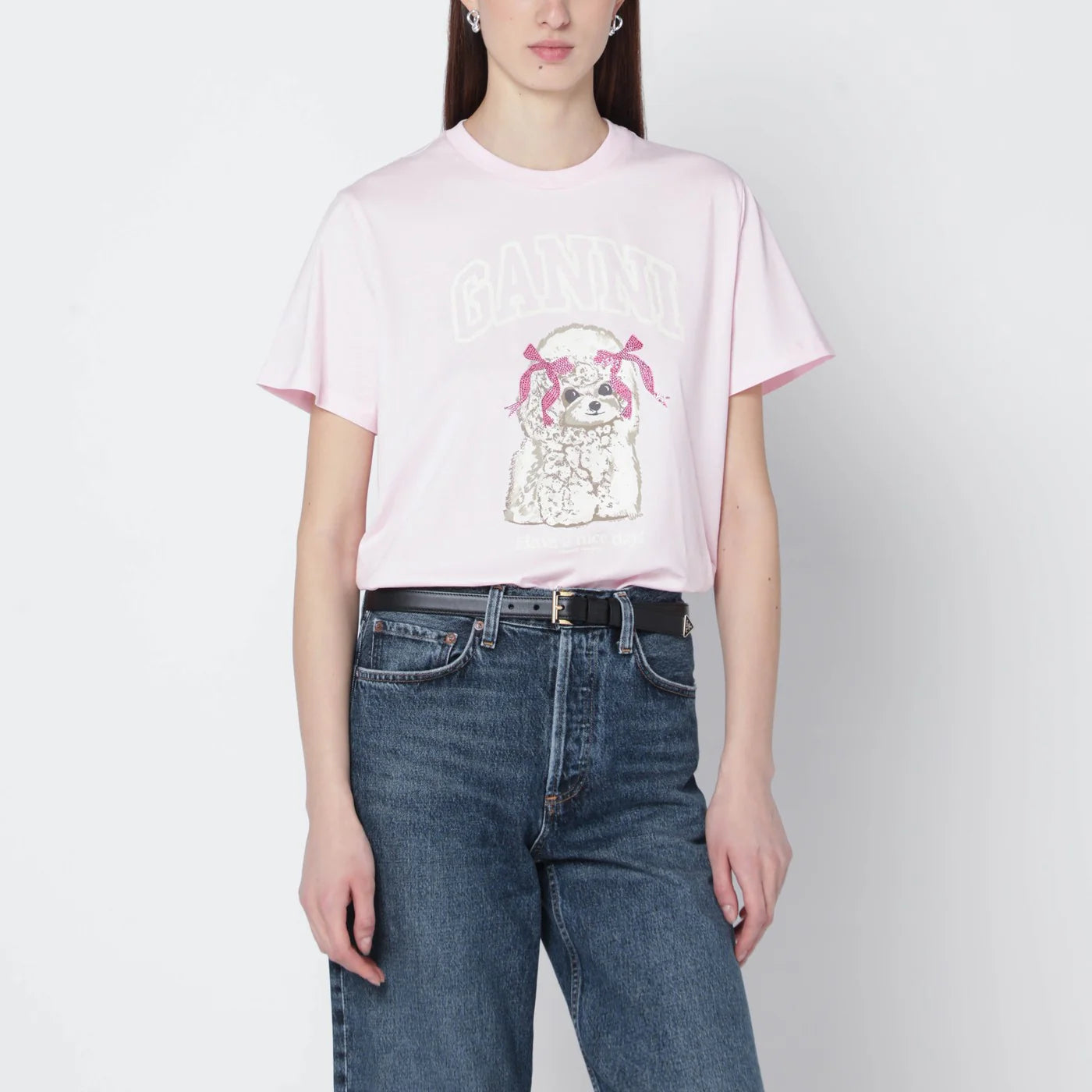 GANNI Light pink T-shirt with logo print