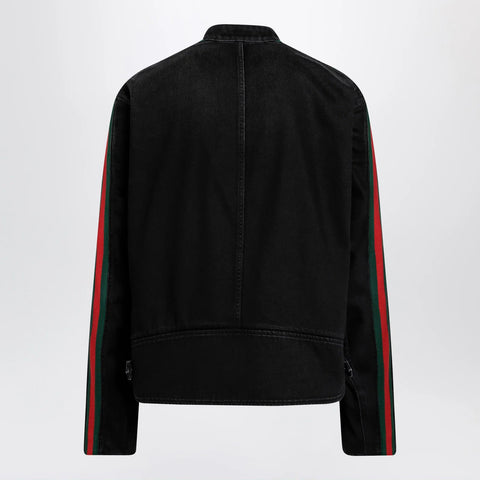 GUCCI Black cotton denim biker jacket with Web trim