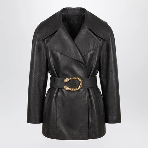 GUCCI Black leather jacket with Dionysus belt