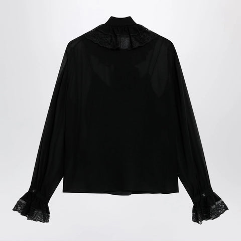 GUCCI Black lightweight silk georgette shirt with lace