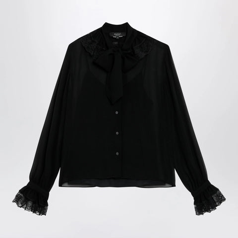 GUCCI Black lightweight silk georgette shirt with lace