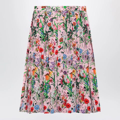 GUCCI Flora-print pleated silk midi skirt in pink