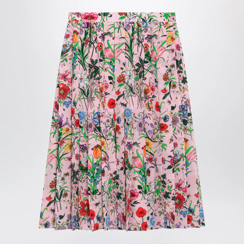 GUCCI Flora-print pleated silk midi skirt in pink