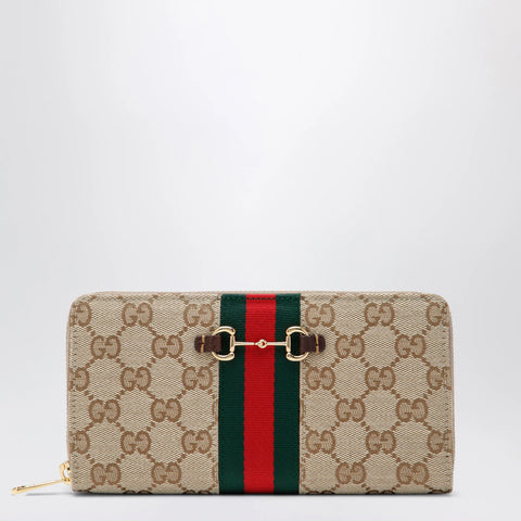 GUCCI Horsebit Web zipped wallet in GG canvas beige