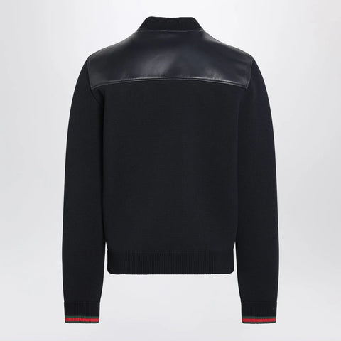 GUCCI Navy blue nappa leather and knit bomber jacket