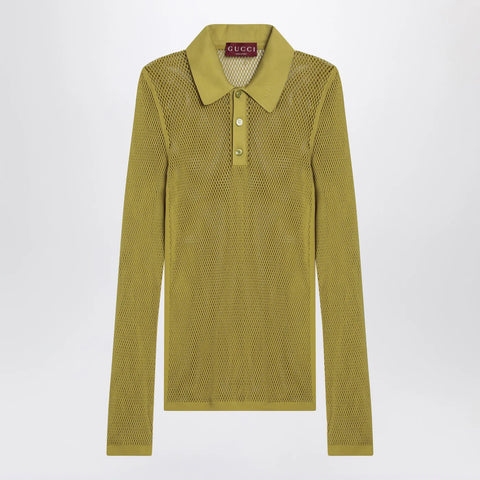 GUCCI Pistachio green perforated technical knit polo