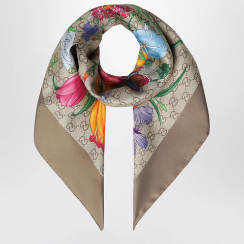 GUCCI Silk twill carré with GG Flora print in light brown