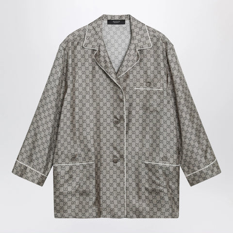 GUCCI Silk twill shirt with GG print in beige