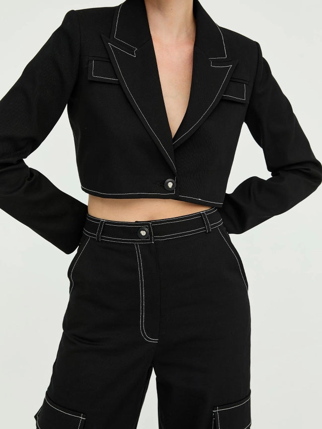 Gabardine Stitching Detail Crop Jacket Black-Jacket-JUSTE-38-Black-Urbanheer