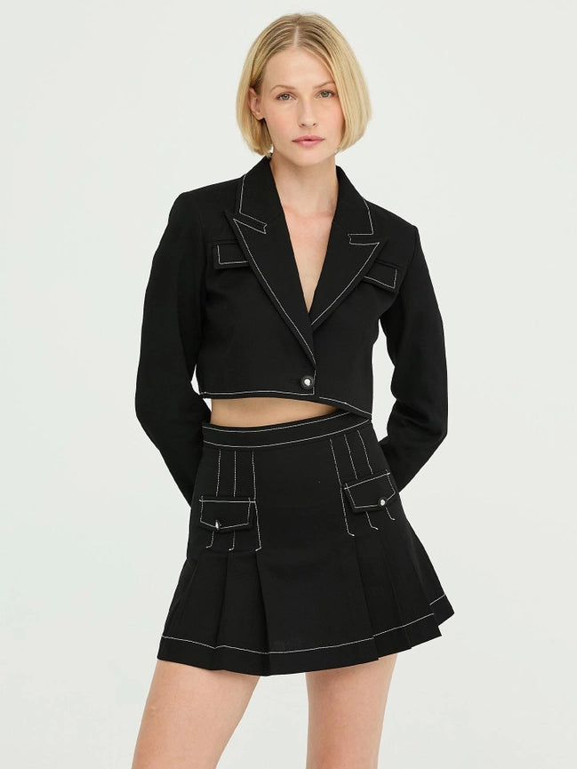 Gabardine Stitching Detailed Pleated Mini Skirt Black-Skirt-JUSTE-36-Black-Urbanheer