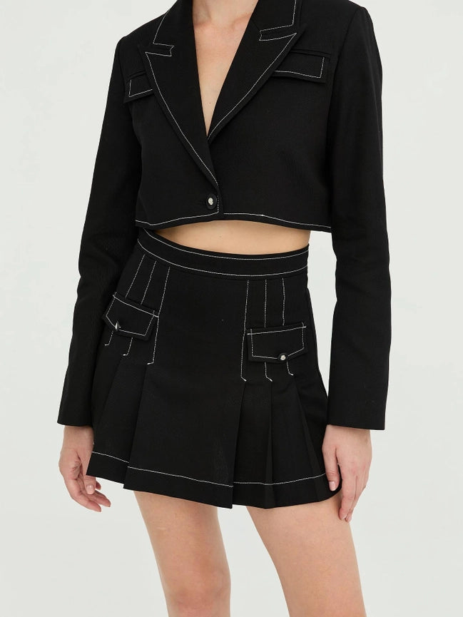 Gabardine Stitching Detailed Pleated Mini Skirt Black-Skirt-JUSTE-36-Black-Urbanheer