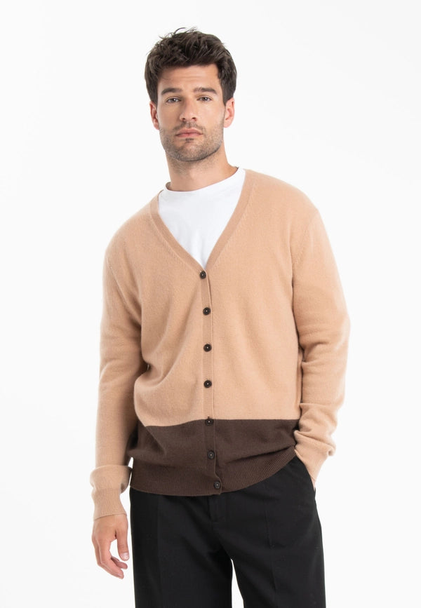 Gabi 6 Brown/Camel Cashmere Two-Tone V-Neck Cardigan-Cardigan-STUDIO CASHMERE8-L-brown/light camel-Urbanheer