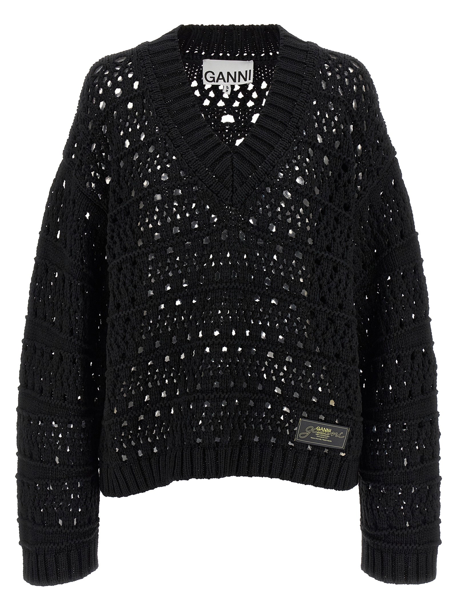Ganni Black Crochet V-neck Sweater