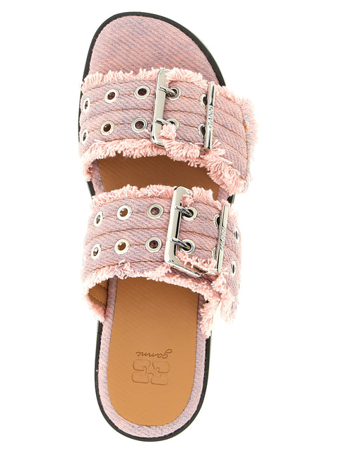 Ganni Feminine Buckle Fringed Denim Sandals