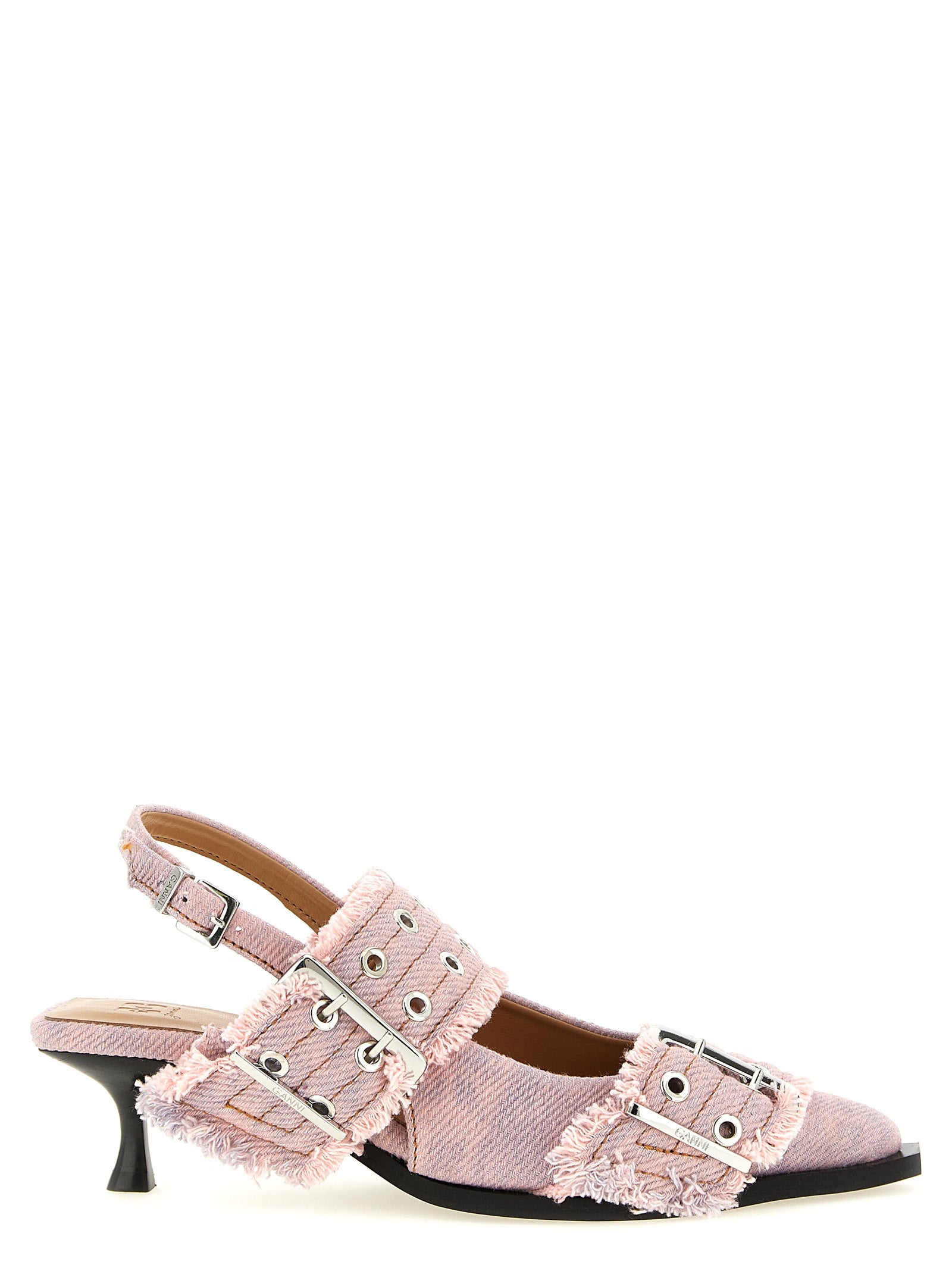 Ganni Feminine Buckle Fringed Denim Slingback