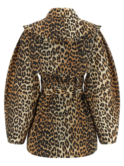 Ganni Leopard Duchesse Nylon Short Trench Coat