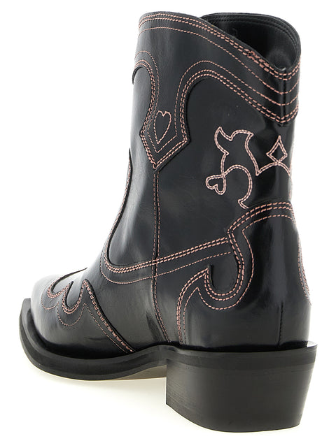 Ganni Low Shaft Embroidered Western Ankle Boots