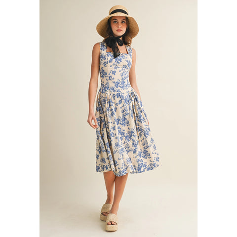 Garden Porcelain Square Neck Floral Midi Dress