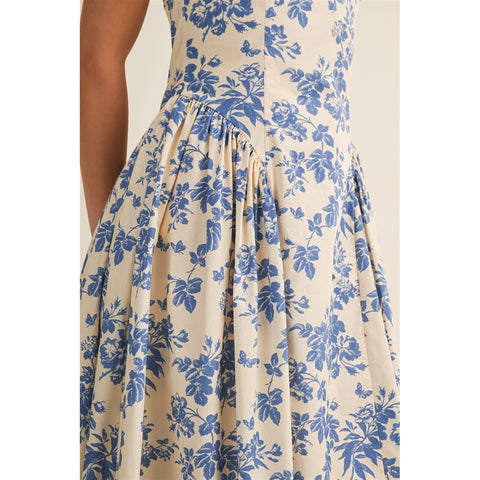 Garden Porcelain Square Neck Floral Midi Dress
