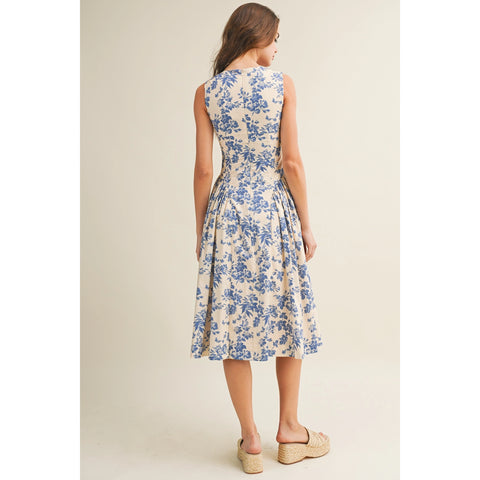 Garden Porcelain Square Neck Floral Midi Dress