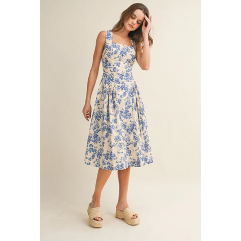 Garden Porcelain Square Neck Floral Midi Dress