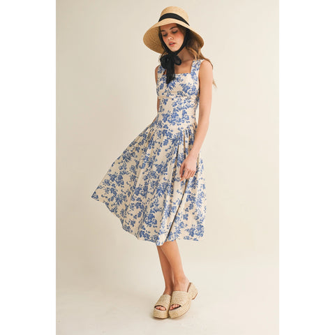 Garden Porcelain Square Neck Floral Midi Dress