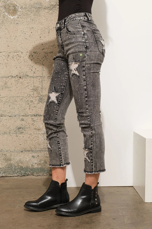 Garment Wash Star Crop Denim Skinny Jeans Charcoal-Jeans-Blue B-S-Urbanheer