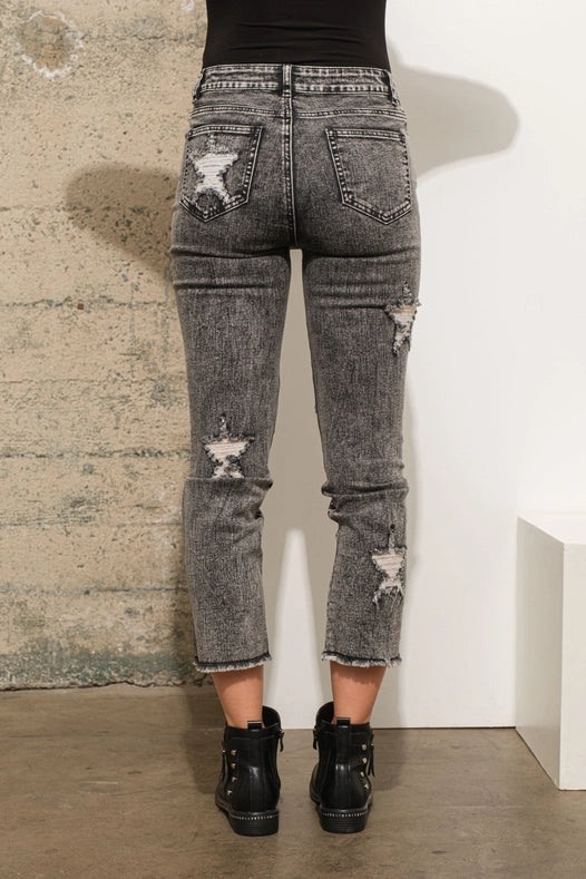 Garment Wash Star Crop Denim Skinny Jeans Charcoal-Jeans-Blue B-S-Urbanheer