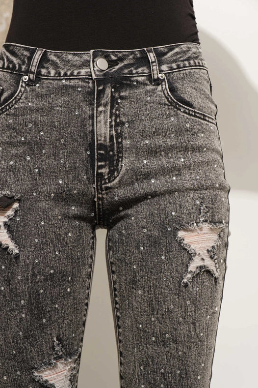 Garment Wash Star Crop Denim Skinny Jeans CHARCOAL