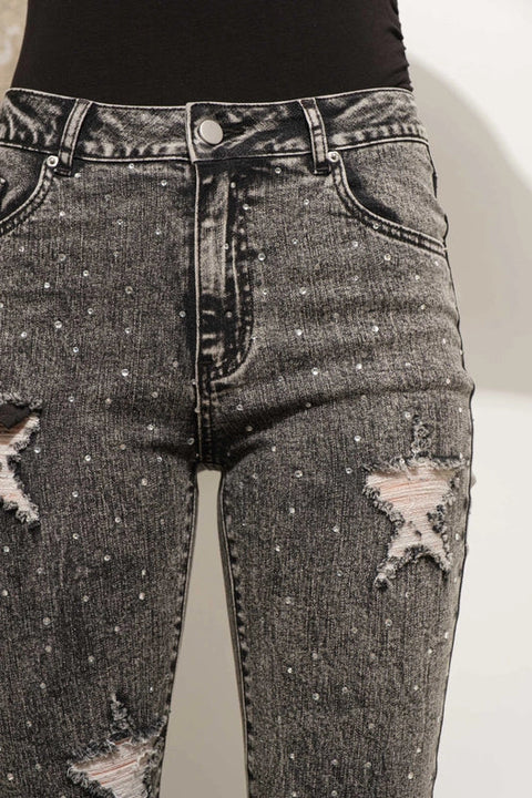 Garment Wash Star Crop Denim Skinny Jeans Charcoal-Jeans-Blue B-S-Urbanheer