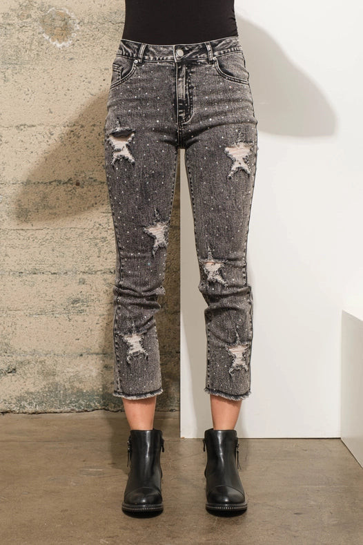 Garment Wash Star Crop Denim Skinny Jeans Charcoal-Jeans-Blue B-S-Urbanheer