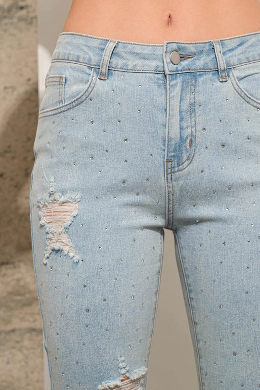 Garment Wash Star Crop Denim Skinny Jeans LIGHT WASH
