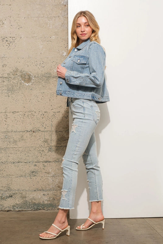 Garment Wash Star Crop Denim Skinny Jeans Light Wash-Jeans-Blue B-S-Urbanheer