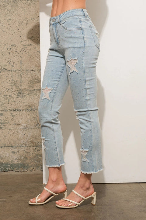 Garment Wash Star Crop Denim Skinny Jeans Light Wash-Jeans-Blue B-S-Urbanheer