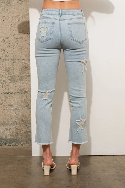 Garment Wash Star Crop Denim Skinny Jeans Light Wash-Jeans-Blue B-S-Urbanheer