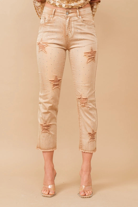Garment Wash Star Crop Denim Skinny Jeans TAN